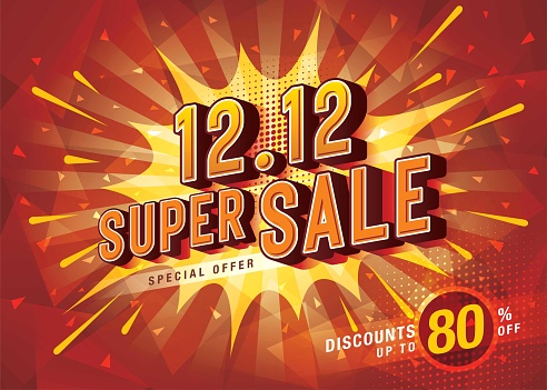 12.12 Shopping Day Super Sale Banner Template design special offer discount, Shopping banner Condensed Font, Abstract Comic Splash Web Header template for Sale and discount labels. Sale promotion