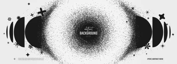 Vector illustration of Vector particles with broken graphic elements debris, hemisphere dissolves turning to dust geometric elements in y2k style, shape explosion, Black figures grunge background