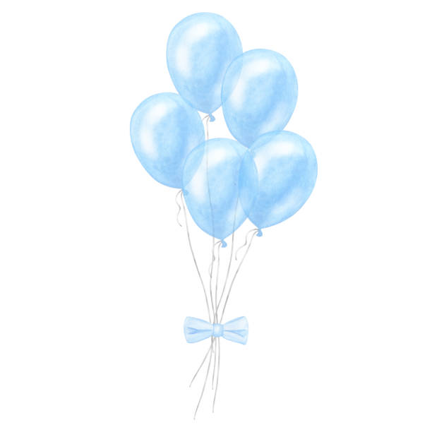 Blue balloons bundle with bow, boy kids birthday surprise. Gender reveal party, baby shower. Hand drawn watercolor illustration isolated on white background. For newborn products Blue balloons bundle with bow, boy kids birthday surprise. Gender reveal party, baby shower. Hand drawn watercolor illustration isolated on white background. For newborn products. watercolor hot air balloon stock illustrations