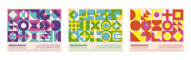 RisoGraph Bauhaus Poster collection with riso print effect. Abstract geometric shapes pattern risograph style with grain texture riso print stock illustrations