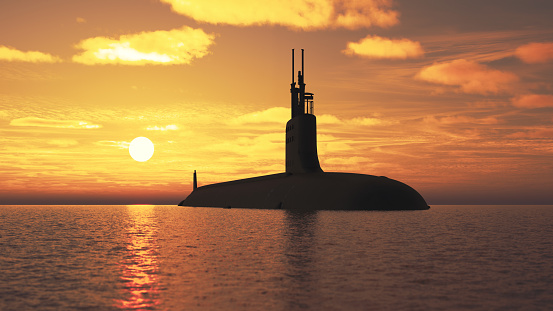 3D rendering of a nuclear submarine half-submerged in the sea.