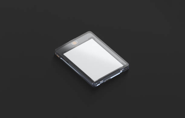 istock Blank transparent plastic magnetic trading card mockup, dark background 1756119669