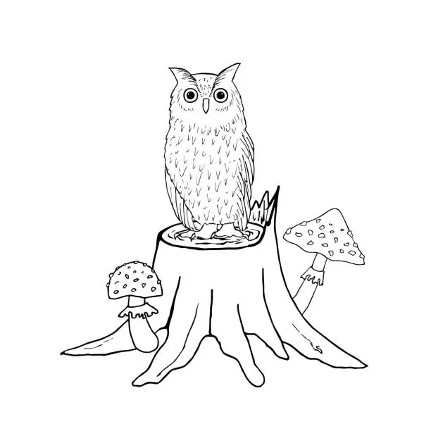 Vector illustration of Wooden stump with an owl and mushrooms. Hand drawn vector illustration. For coloring, cards, printing, packaging, invitations, business cards, advertising