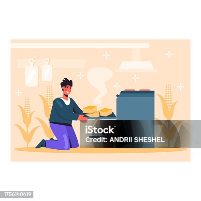 istock Young male holding tray with pieces of bread and putting it in oven 1756140419