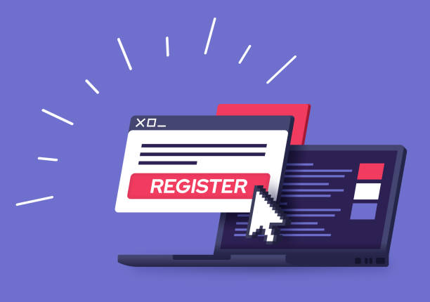 Register Laptop Event Login Digital Data Computer laptop register event digital data sign up PC. voter registration stock illustrations