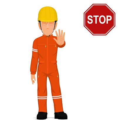 An industrial worker is raise hand  to stop