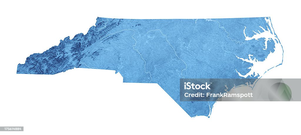 North Carolina Topographic Map Isolated +++ Note to Inspector: URL of source images: http://earthobservatory.nasa.gov/Features/BlueMarble/BlueMarble_monthlies.php +++ North Carolina - US State Stock Photo