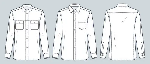 Vector illustration of Slim fit Shirt technical fashion Illustration. Classic Shirt fashion flat technical drawing template, button down, different collars and pockets, front and back view, white, women, men, unisex CAD mockup set.