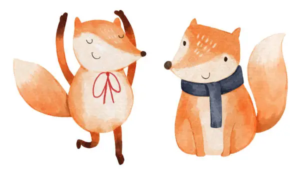 Vector illustration of Fox with christmas costume . Watercolor paint cartoon characters . Isolated . Set 7 of 7 . Vector .