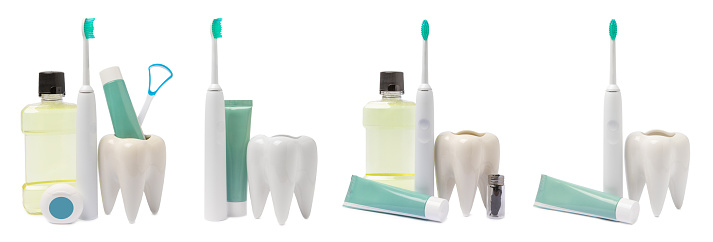 toothbrush, mouthwash, floss, tongue cleaner and toothpaste isolated on white background. Items for dental care and caries prevention in the bathroom. Dentistry concept