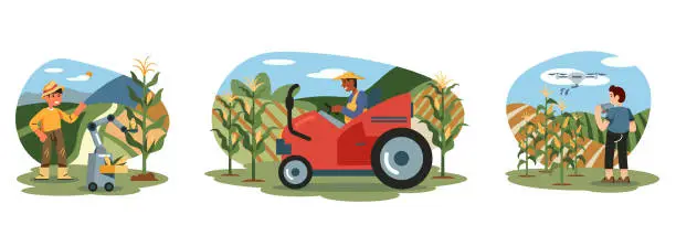 Vector illustration of Young male standing near special corn sprout picking machine