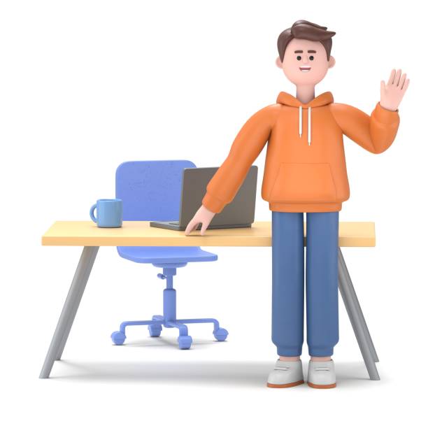 istock 3D Illustration of smiling businessman Qadir working on computer in workplace.3D rendering on blue background. 1756161640