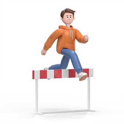 3D illustration of male guy Qadir jumping over hurdle, 3D rendering on blue background.