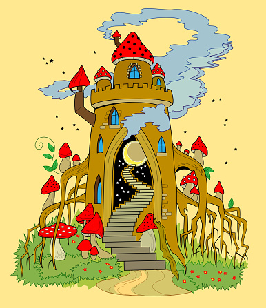 Fantasy forest castle from fairyland kingdom. Modern print for little children and kindergarten. Illustration for kids fairy tale book. Flat cartoon vector. Beautiful background for greeting card.