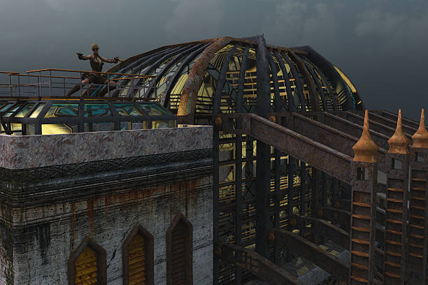 Steampunk architecture Pseudo victorian dilapidated stone steel and glass building illuminated from within with female on roof brandishing pistols steampunk pistol pictures stock pictures, royalty-free photos & images