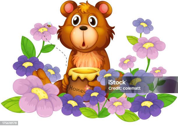Bear Holding A Honey In The Flower Garden Stock Illustration - Download Image Now - Animal, Bear, Blue
