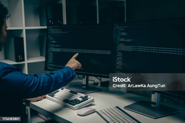 Male Programmer Working On Desktop Computer At White Table In Office ...