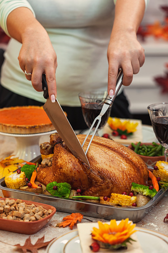 Mother carving traditional roasted stuffed turkey during Thanksgiving dinner