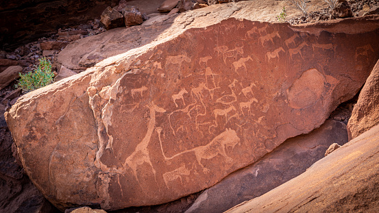 Ancient rock engravings in Twyfelfontein, Damaraland, Namibia.  Horizontal.