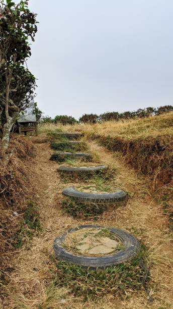 Old car tires repurposed for outdoor hill-climbing stairs. Re purposing and Reusable Material.