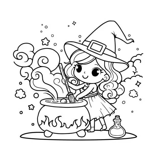 Vector illustration of Cute cartoon girl in a Halloween witch dress with brews a potion in a Witch cauldron and Magic potion and witchcraft outlined for coloring page on white background