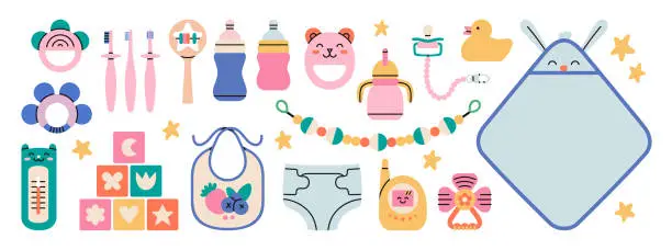 Vector illustration of Poster with a different products for newborn babies.