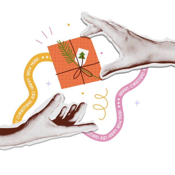 Vintage vector concept with Halftone hand giving a gift to another person. Trendy mixed media collage Christmas desige. Winter holiday celebration banner