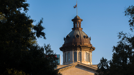 Columbia, South Carolina State House dome with flags pierce the treetops against a blue sky
