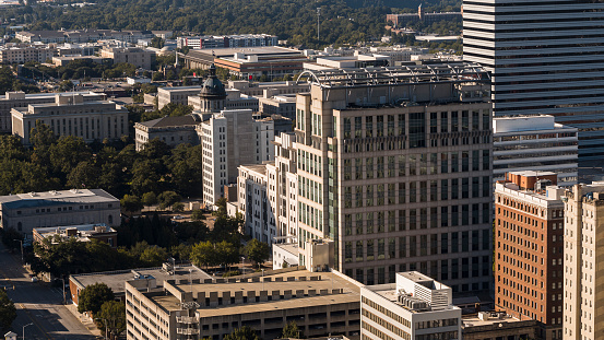 Financial District – main economic hub for Columbia in South Carolina. Hotels and apartments line the Main Street of capital city. View from Downtown Columbia, SC