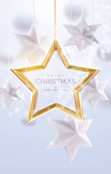istock Merry Christmas and Happy New Year. Vector holiday illustration with 3d star shapes. 3d Christmas background. Winter holiday ornaments 1756206790
