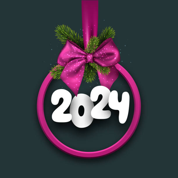 ilustrações de stock, clip art, desenhos animados e ícones de magenta christmas ball with satin bow and green fir twigs with white paper 2024 lettering. - new years eve christmas paper christmas fir tree