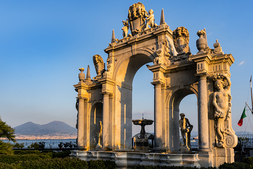 View on the Giant Fountain (Immaculatella Fountain) in the road between Partenope Street and Nazario Sauro Street at the seafront of Naples Campania, Italy, Europe.