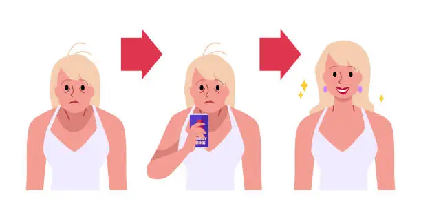 Vector illustration of Woman before and after drinking energy drink, tired, sleepy and happy active girl, vector vitality recharge beverage