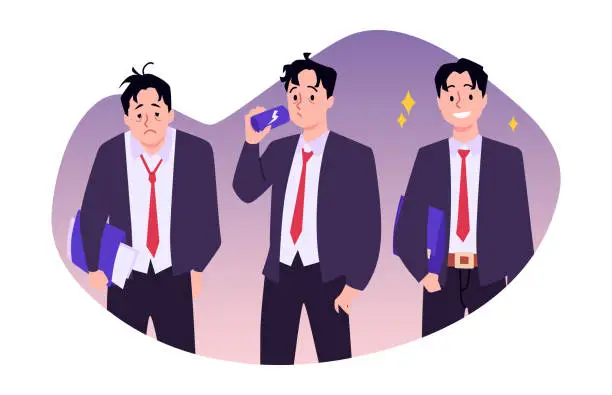 Vector illustration of Tired, sleepy man and happy active businessman, apply energy drink and get a lot of vitality, power effect vector