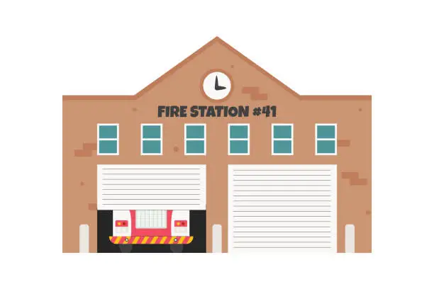 Vector illustration of Fire engine truck inside fire station building