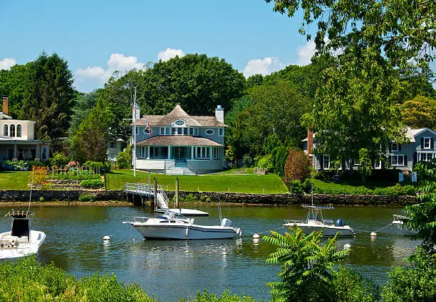 Photo of Summer Scene, Boats moored at inlet, Connecticut, New England, USA