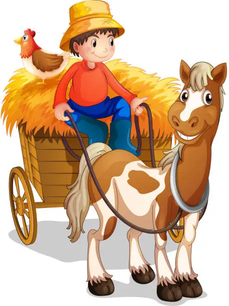 Vector illustration of Farmer riding cart with chicken at his back