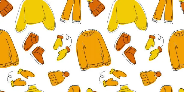 Vector illustration of Warm autumn winter clothes seamless pattern. Knitted sweater, hat, scarf, ugg pattern. Doodle autumn winter clothes vector collection. Seasonal clothes seamless pattern