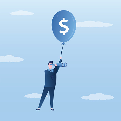 Smart businessman flying with balloon and using binoculars to future vision and brainstorming. Inflation forecast and economic analysis for investment opportunity, searching new market concept. vector