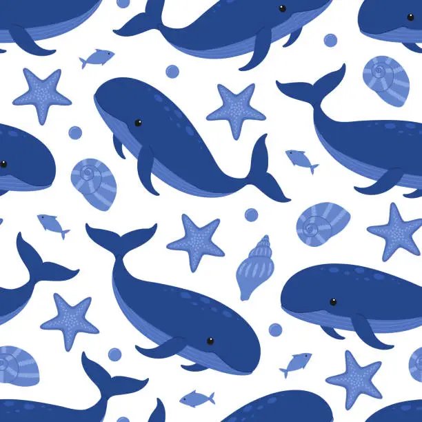 Vector illustration of Seamless pattern with cute blue whales, starfish, shells, fish and bubbles. Vector flat illustration isolated on white background. Marine print with sea and ocean animals