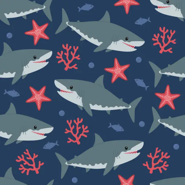 Vector illustration of Seamless pattern with cute grey sharks, starfish, seaweed, fish and bubbles. Vector flat illustration isolated on blue background. Marine print with sea and ocean animals