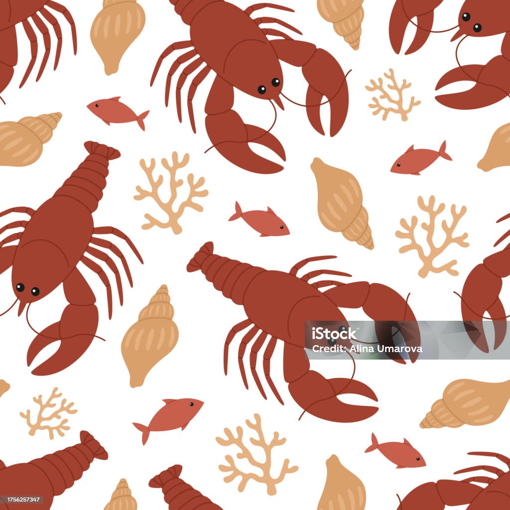 Lobster Shell Vector Seamless Pattern With Cute Red Lobsters Seaweed Shells And Fish Vector ...
