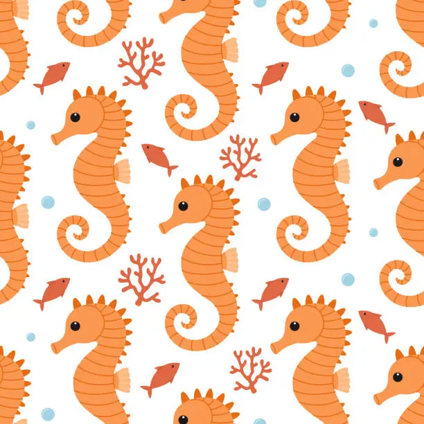 Vector illustration of Seamless pattern with cute orange seahorses, seaweed, fish and bubbles. Vector flat illustration isolated on white background. Marine print with sea and ocean animals