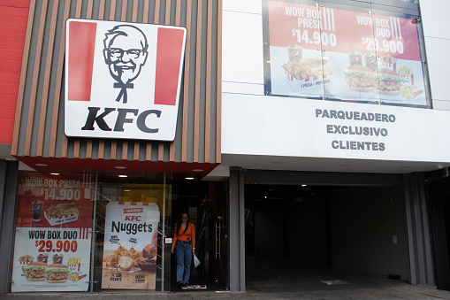 Bogota, Colombia - 23 October 2023. Facade of KFC located at the 85 street in the north side of Bogota. KFC logo