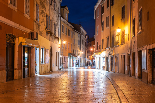 Street of Rovinj with calm, colorful building facades, Istria, Rovinj is a tourist destination on Adriatic coast of Croatia.