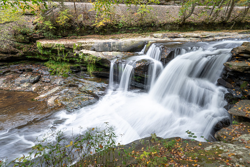 Small waterfall at the Ohiopyle State Park in Pennsylvania. Cold winter morning.