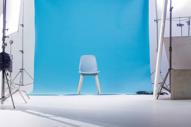 istock Blue classic chair on the blue backdrop for Chroma Key technique in the photo shooting studio for interview or filmmaking 1756286559