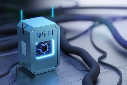 Wi-Fi wireless network concept. A new wireless standard. Futuristic Wi-Fi router. Wireless Internet. Internet access via Wi-Fi. Switcher. 3D render.