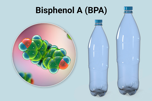 Bisphenol A BPA molecule and plastic bottles, 3D illustration. Organic compound used in production of polycarbonate polymers, particularly used in plastic bottles and other plastic goods