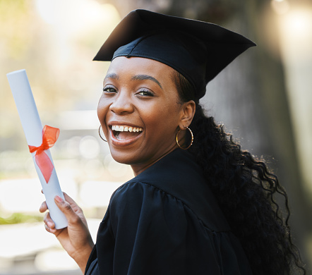 Graduation, diploma and portrait of happy black woman celebrate success, education and college scholarship outdoor. University graduate smile with certificate, award and certified student achievement